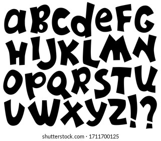 Playful quirky English alphabet with capital letters, question and exclamation sign. Paper cut English letters and punctuation sign. Informal sans serif type for kids. Silhouette cut out script