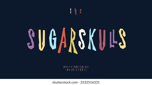 Playful quirky font, jagged fun letters, angular alphabet for joyful Dia de los Muertos lettering, festive celebration, vibrant mexican logo and headline. Vector typeset.