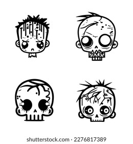 Playful and quirky Hand drawn kawaii zombie head collection set, featuring cute and charming line art illustrations of undead cuteness