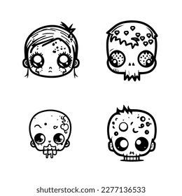 Juego de colección de cabezas zombie Kawaii dibujado por mano, repleto de juegos de palabras, adorables y encantadoras, con ilustraciones de arte de líneas de la cortesía no muerta