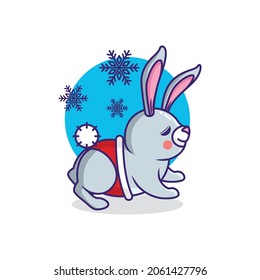 Playful rabbit or bunny cartoon character during snowing in winter season