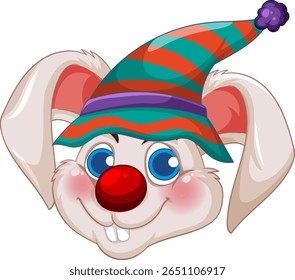 Playful rabbit clown illustration with a colorful striped hat and bright blue eyes, showcasing a cheerful expression