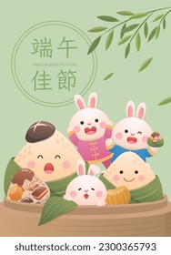 Playful rabbit with food made of glutinous rice, the mascot of Zongzi, Chinese translation: Dragon Boat Festival