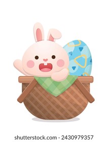 Playful rabbit mascot or character with easter eggs and wicker basket, joyful celebration, vector illustration