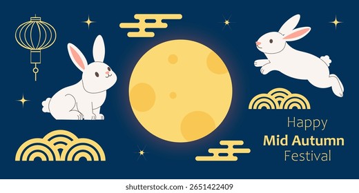 Playful rabbits with full moon and lantern celebrating mid-autumn festival. Vector set