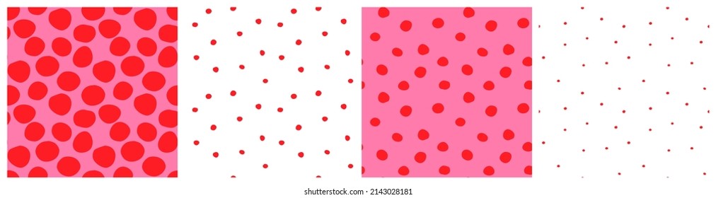 Playful random dot seamless pattern set. Colourful vector design with spots in vivid red and pink.