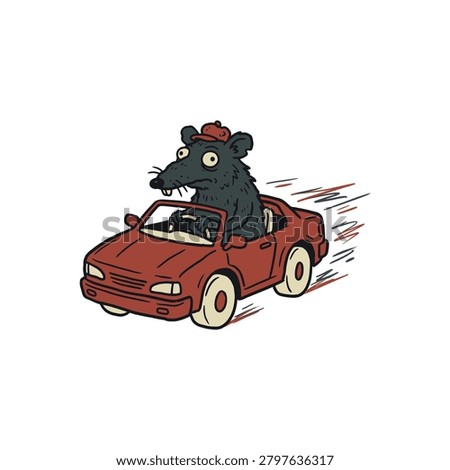 Playful rat character drives a red convertible car with motion lines and a whimsical comic style