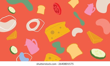 Playful red background featuring large cheese wedges, sliced bread, and tomatoes with scattered abstract shapes and kitchen elements.