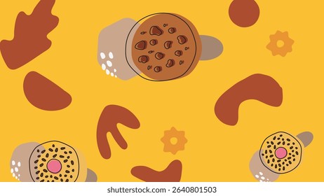 Playful red background with waffle cookies, whipped cream candies, and circular biscuits among soft abstract dessert shapes and swirls for festive projects.