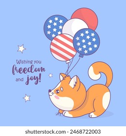 Playful red cat with balloons in colors of American flag. Funny holiday cartoon kawaii character. Postcard Independence Day. Vector illustration