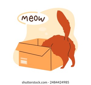 A playful red cat dives into a cardboard box. Vibrant vector illustration reflects the quirks of cat life. Includes Meow text, perfect as a fun sticker.