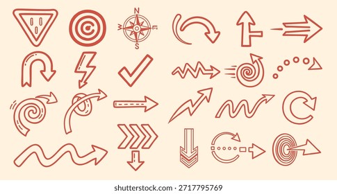 Playful red doodle arrows and direction icons appear in a loose grid, using sketchy line style for navigation, presentation, web interface, and infographic layouts, giving an energetic, informal mood