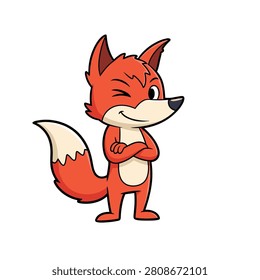 Playful red fox character winking and standing with arms crossed, conveying confidence and charm in a cartoon illustration style