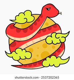 A playful red snake coiled around a yellow moon. Chinese zodiac sign. Vector illustration. New Year symbol.