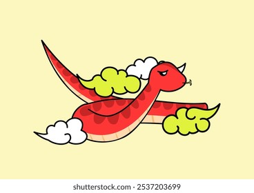 A playful red snake slithers through the clouds. Chinese zodiac sign. Vector illustration. New Year mascot.