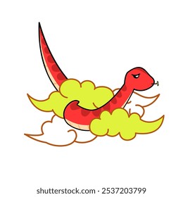 A playful red snake slithers through the clouds. Chinese zodiac sign. Vector illustration. New Year mascot.