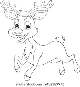A playful reindeer cartoon character in black and white.