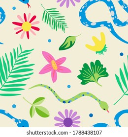 playful repeat pattern with snakes and flowers 