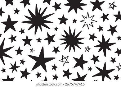 A playful, repeating pattern of black hand-drawn stars of various sizes and spikiness, scattered across a textured white background, evoking a celestial or festive feel.