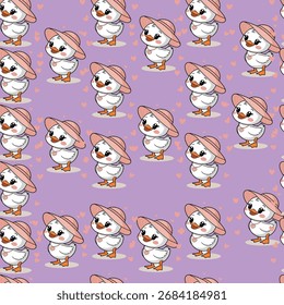 A playful repeating pattern featuring adorable ducks wearing pink hats, set against a lavender background with hearts. This charming design is perfect for textiles, wallpapers, and any creative.