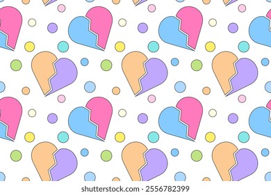 Playful repeating pattern featuring colorful broken hearts and pastel circles on a white background.