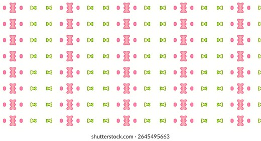 Playful repeating pattern of pink teddy bears, green bows, and pink dots on a white background. A fun and vibrant design for creative projects.