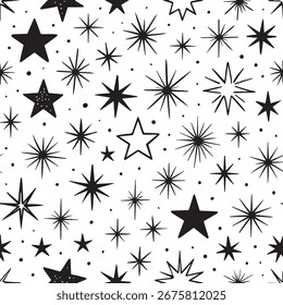 A playful, repeating pattern of various black stars, including solid shapes and spiky starbursts, scattered across a white, subtly textured surface.