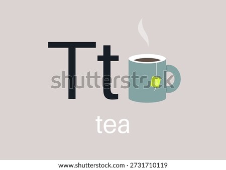A playful representation of the letter T, accompanied by a warm mug of tea, This design creatively highlights the relationship between letters and familiar items, perfect for teaching.