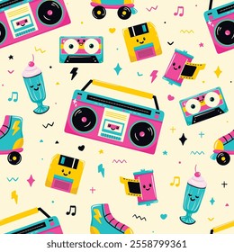 A playful retro 80s pattern featuring boomboxes, cassettes, floppy disks, roller skates, and milkshakes in bright pink, teal, and yellow. Perfect for nostalgic, fun, and vibrant designs