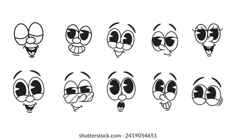 Playful Retro Cartoon Emoji Vector Set Featuring Whimsical Character Emotions, Brimming With Nostalgic Charm