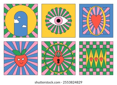 Playful Retro Colorful Square Cards with Hearts. Trendy Groovy style. Valentines day. Retro esoteric vibe. Mystical Tarot cards aesthetics. Simple shapes, psychedelic style. Magic Design elements