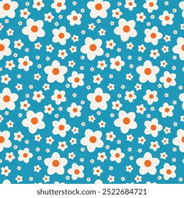 Playful Retro Daisy Floral Seamless Pattern with Bold White Flowers and Orange Centers on a Teal Background Vector Tile Design