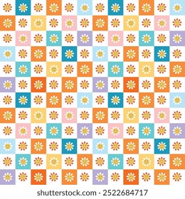 Playful Retro Floral Checkered Seamless Pattern with Colorful Squares and Smiling Flowers in Vector Format for Digital and Print Projects