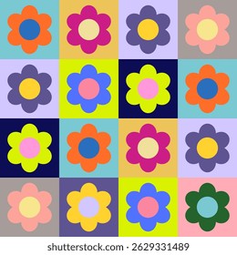 Playful retro flower pattern with bold, vibrant colors and a grid layout. Perfect for textile design, wallpapers, and nostalgic-inspired projects.