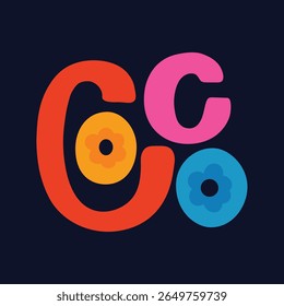 Playful retro graphic of bold, colorful abstract letters and floral shapes on dark background. Perfect for vintage pop art, apparel, kids' prints, posters, and funky decorative design.