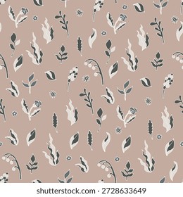 Hojas retro juguetonas y pequeñas flores en crema y carbón sobre cálido taupe, ideales para Fondo de pantalla, ropa de cama, tapicería y encantador envoltorio de regalo.