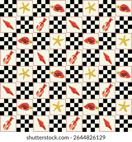 A playful retro pattern combining colorful sea creatures with a classic checkerboard background, perfect for summer-themed or nautical-inspired designs.

