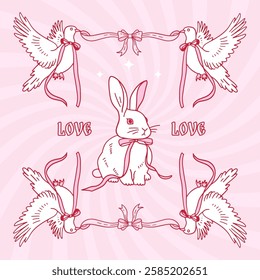 Playful Retro Pink Square Card with Hearts. Trendy mystic style. Valentines day. Retro esoteric vibe. Mystical Tarot card aesthetics. White rabbit, doves and satin bows. Magic Design elements. vector