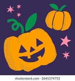 Playful retro jack-o’-lantern and pumpkin with dotted texture and green leaves. Evokes a cheerful and nostalgic Halloween vibe. Great for holiday crafts, decor, and digital stickers.