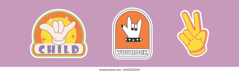 Playful Retro Sticker Vector Set with Peace Sign, Rock On Hand, and Child Text for Fun and Positive Vintage Designs

