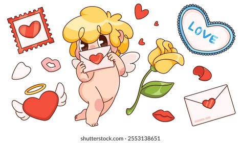 Playful retro estilo cupido personagem de desenho animado segurando a carta romântica cercada por símbolos do dia dos namorados - selo postal, forma de coração vermelho alado, rosa amarela, beijos voadores e patch de amor decorado.