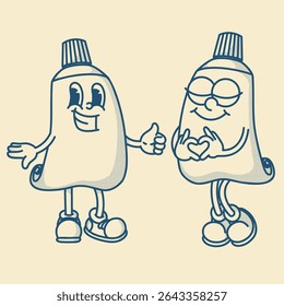 Playful retro toothpaste cream mascots duo. Charming vintage vector art for oral care cosmetic packaging