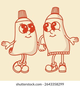 Playful retro toothpaste cream mascots duo. Charming vintage vector art for oral care cosmetic packaging