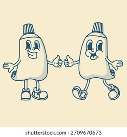 Dúo de mascotas de crema y pasta de dientes retro juguetón. Encantador Arte vectorial vintage para el cuidado oral y el embalaje cosmético