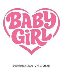 A playful retro typography design featuring the words “Baby Girl” in a bold pink groovy font. The text is arranged inside a heart shape and surrounded by radiating sunburst lines on a solid black background. Inspired by 1970s vintage style, this bubbly and nostalgic graphic is perfect for baby apparel, nursery decor, greeting cards, stickers, posters, and children-themed designs.