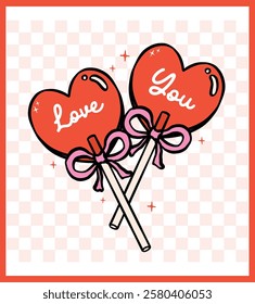 Playful Retro Valentine Heart Shape Lollipops Illustration Hand Drawn Charm