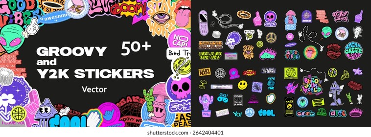 Playful retro Y2K stickers, lettering quotes, groovy cartoon characters. Colorful retro labels, 00s and 90s aesthetics. Lettering groovy, funny characters, elements. Vector graphic set Y2K stickers.