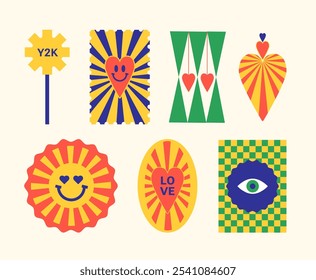 Playful Retro Y2k stickers. Mystical Tarot cards vibe. Simple shapes, gambling. Colorful Cards with Hearts. Sunburst Background, love mood. Design elements collage. Fantastical vibrant aesthetics