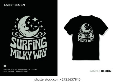 Un gráfico divertido, de inspiración retro con una luna sonriente montando una onda cósmica entre las estrellas. Perfecto para los amantes del espacio, diseños de camisetas y elementos visuales de ropa únicos con un ambiente divertido y caprichoso.