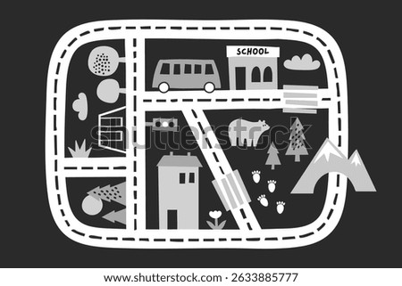 playful road map with school bus, buildings, forest trees, bear, mountains and footprints on dark background in flat children style, concept of early education, toy design, preschool learning